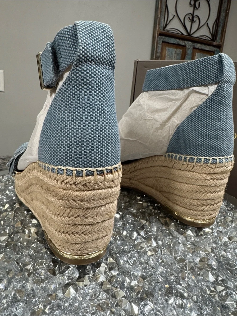 Franco Sarto clemens denim Blue Espadrille Wedge Sandals with Floral Toe NEW 9